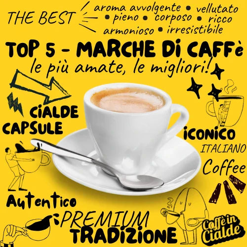 Sullo sfondo giallo si leggono parole relative al mondo caffè con grafica creativa in stile editoriale. Al centro, una tazzina del caffè corredata di piattino e tazzina. 