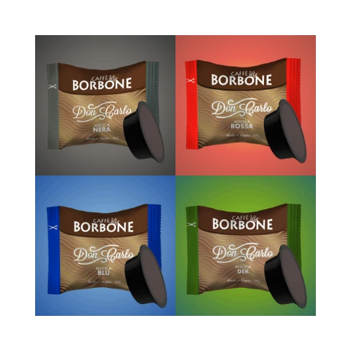Kit Arlecchino Caffè Borbone - 200 capsule compatibili Lavazza A Modo Mio con 4 miscele: Nera, Rossa, Blu e Oro