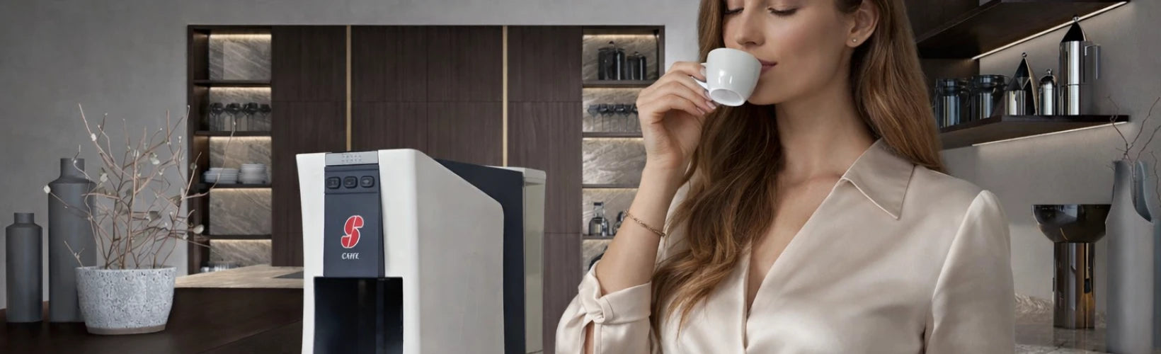 Donna beve tazza do caffè senza pensieri con la formula Esse Caffè