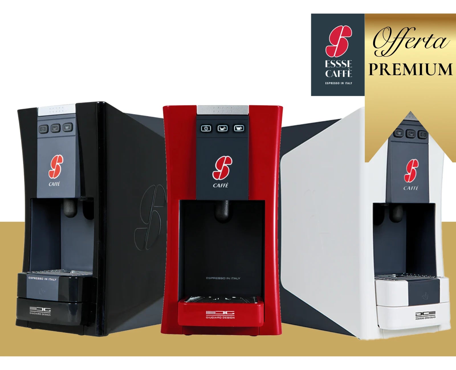 Tre macchine Essse Caffè (nera, rossa, bianca) si ergono a mostrarsi in tutta la loro bellezza. in alto a destra un etichetta color oro con scritto "Offerta Premium"