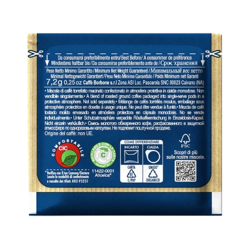Retro Confezione Cialde Compostabili BORBONE Miscela Blu ESE 44mm - Dettagli Prodotto e Ingredienti