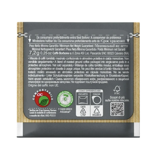 Retro confezione Cialde Compostabili BORBONE Miscela NERA ESE 44mm - Informazioni prodotto e certificazione ecologica