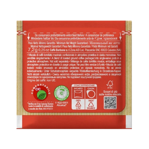 Retro confezione Caffè BORBONE Miscela ROSSA Cialde Compostabili - Informazioni prodotto e certificazioni ecologiche
